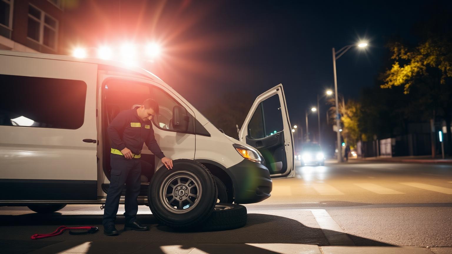 A technician changing a tyre at night under van floodlights on an empty city street