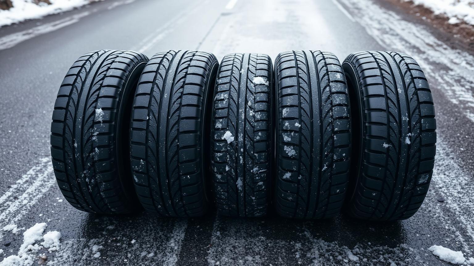 Winter and all-season car tyres standing on a cold, wet UK road with slush at the roadside