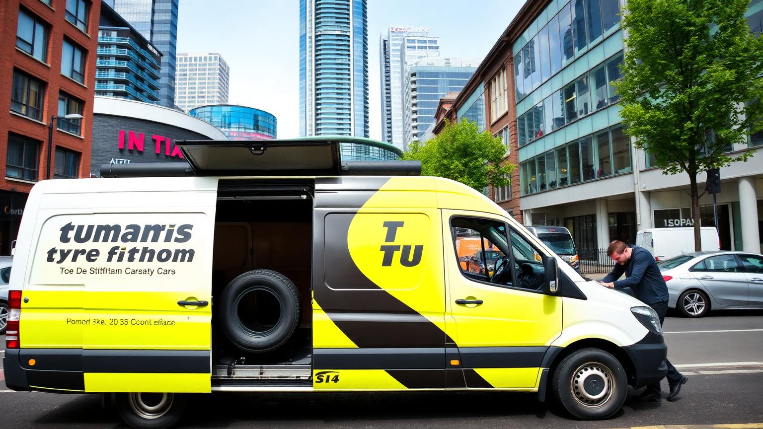 A mobile tyre fitting van and technician working on a car in Birmingham with city-centre buildings behind