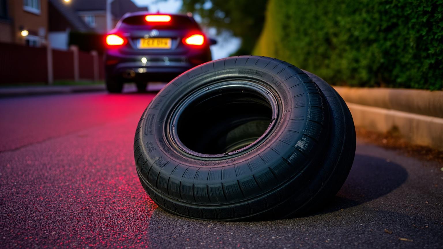 A completely deflated tyre off the rim on a residential street with a car's hazard lights glowing behind