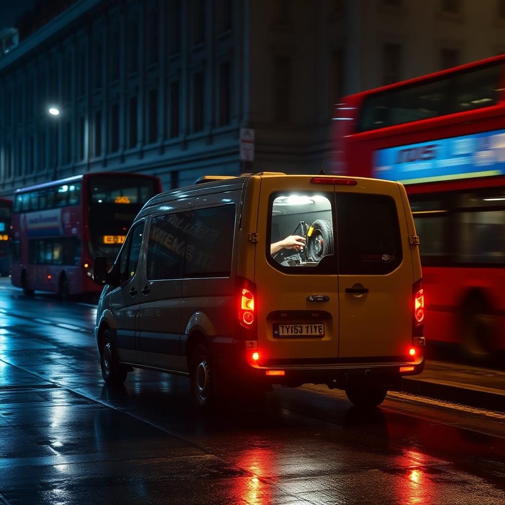 Mobile tyre technician repairing a puncture at night on a London street under van floodlights