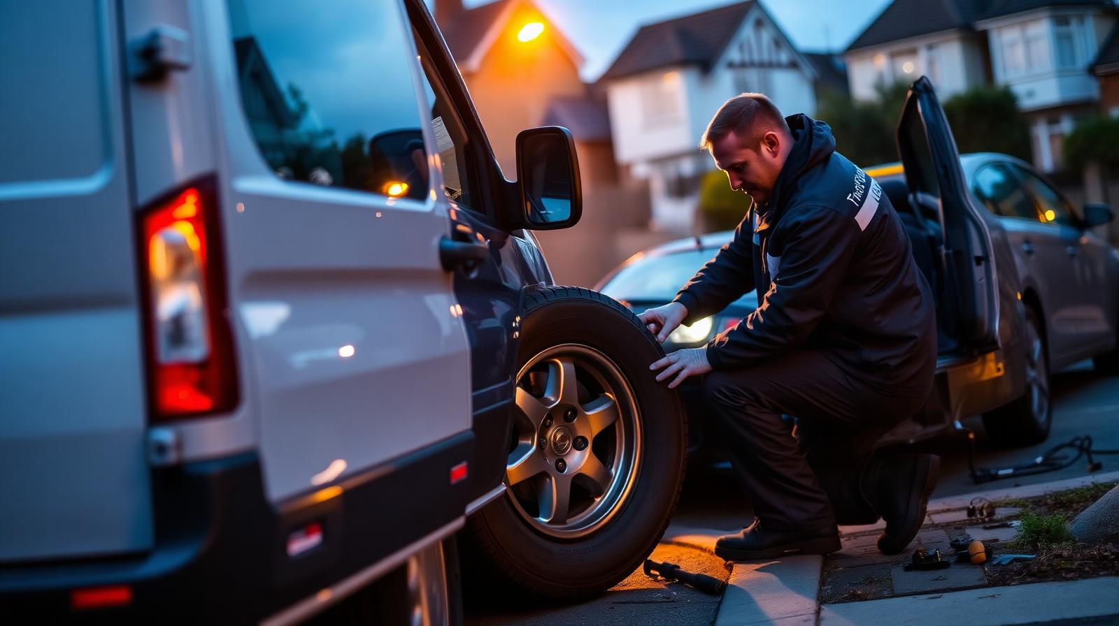 Mobile tyre fitter changing a wheel kerbside on a London residential street at dusk
