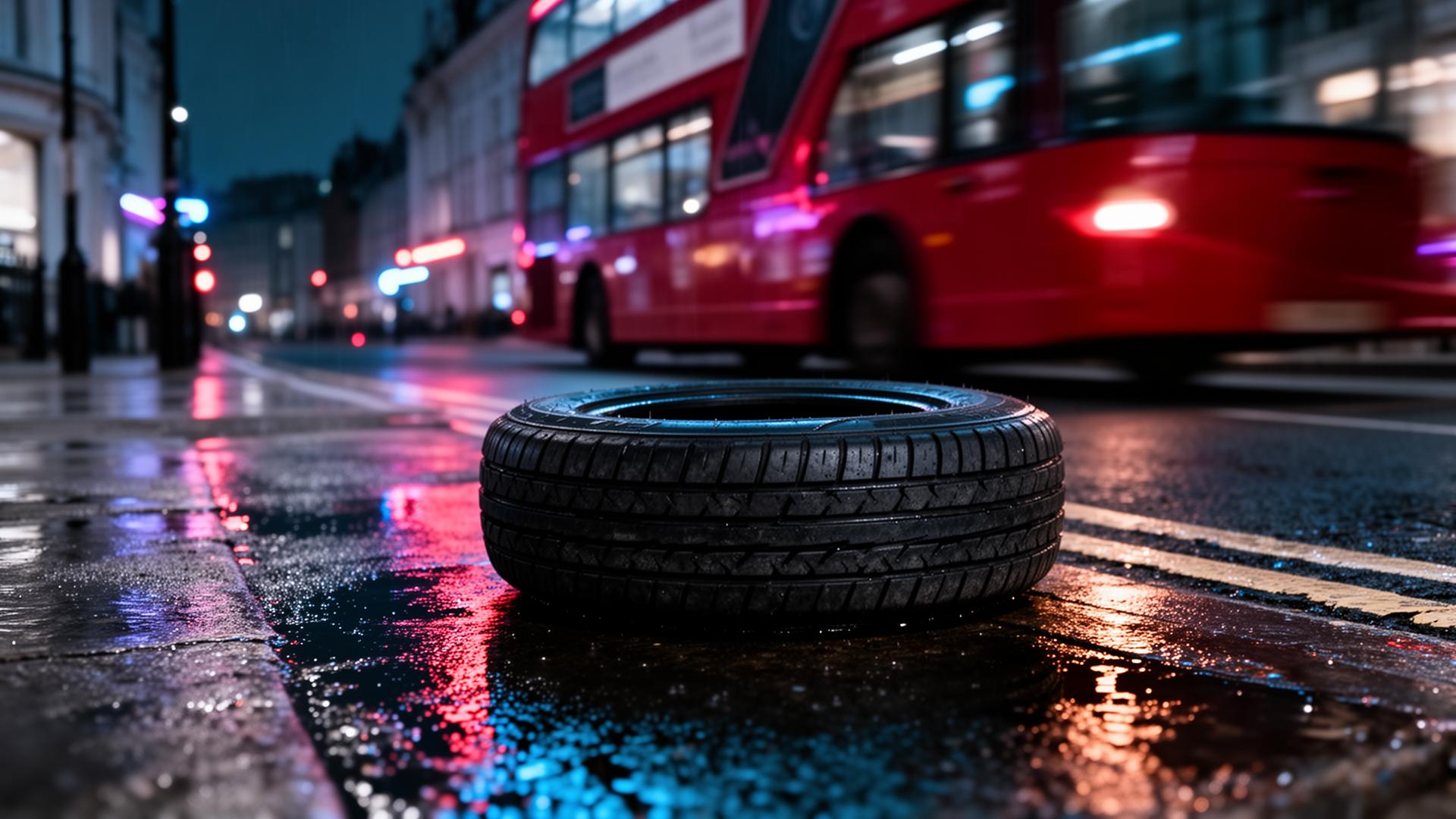 A car with a flat front tyre stopped at the kerb on a busy London road