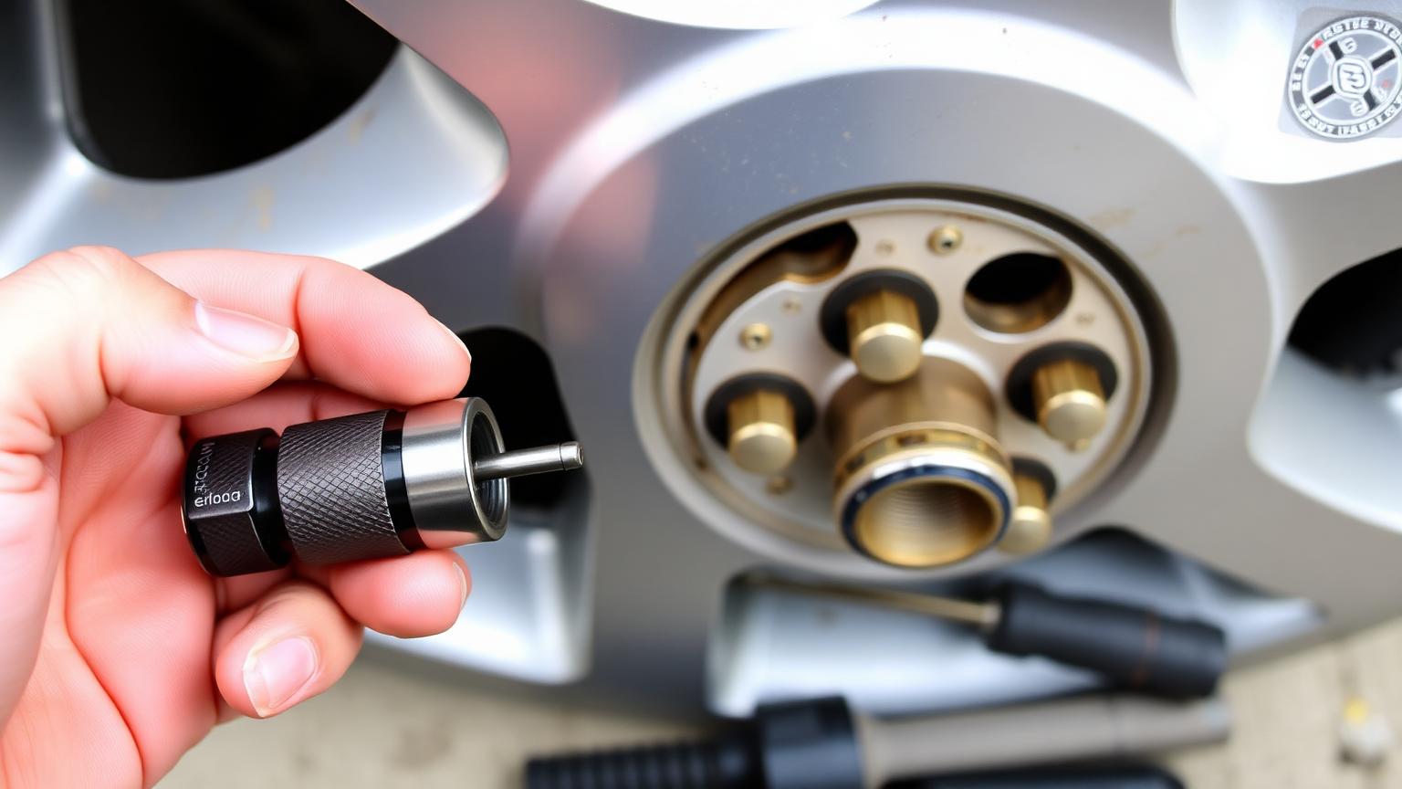 A locking wheel nut key socket held beside an alloy wheel hub with the patterned locking nut visible