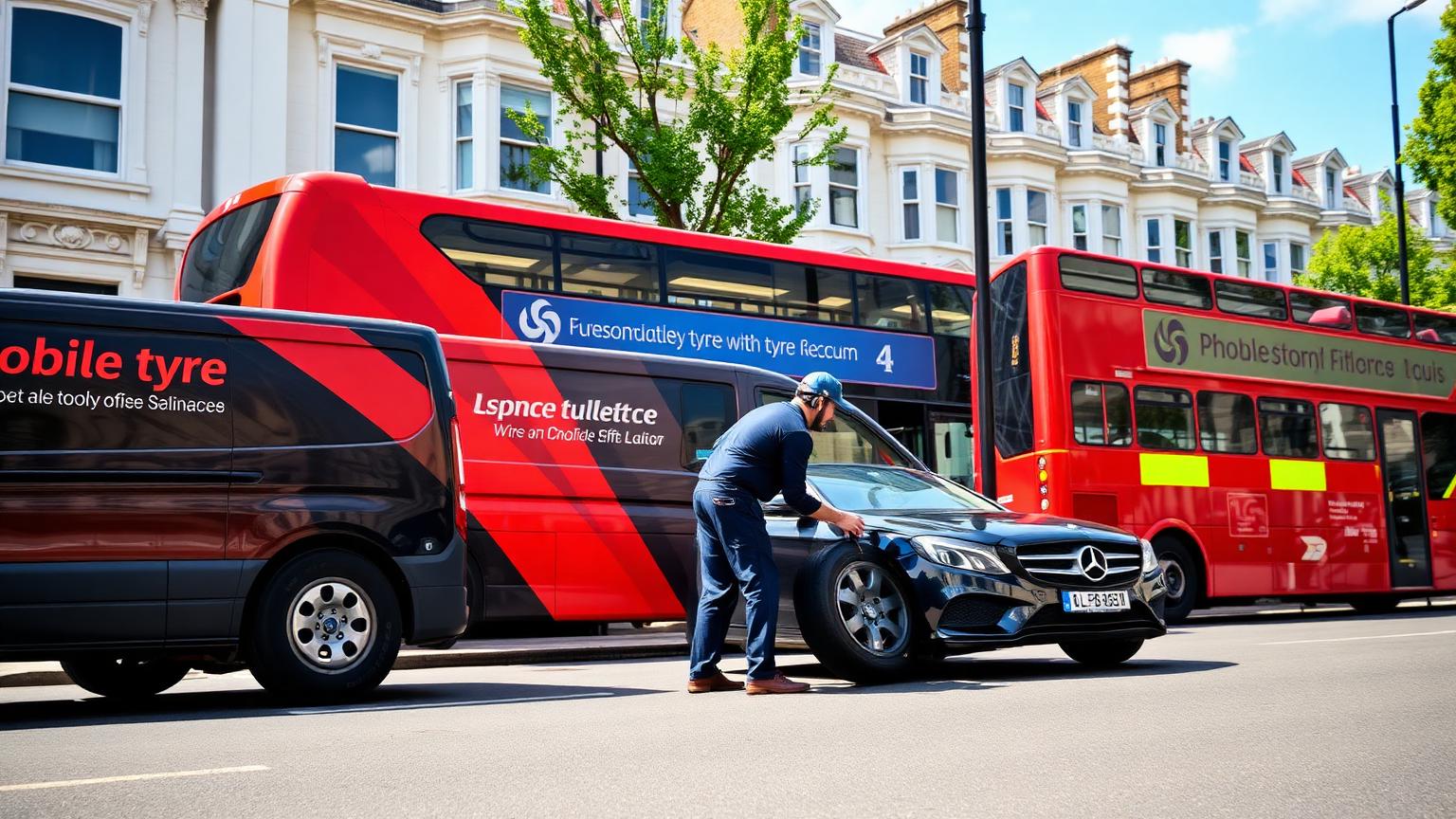 A mobile tyre fitter working on a car at the kerbside on a London street beside a red double-decker bus