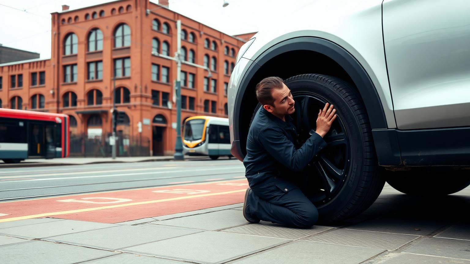 A mobile tyre technician kneeling at a car wheel on a Manchester street with red-brick warehouses and tram lines behind