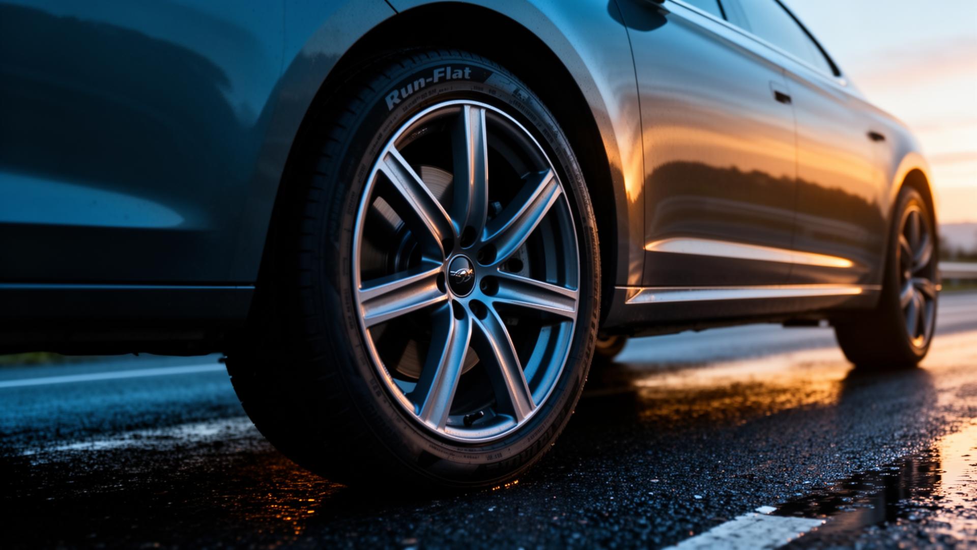 Run-flat tyre on a modern alloy wheel at dusk on a British road