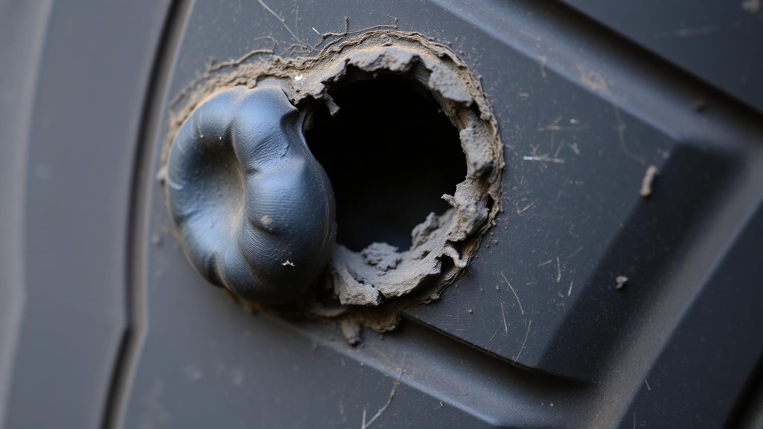 A bulge and deep gouge in the sidewall of a car tyre, close-up of the damaged rubber