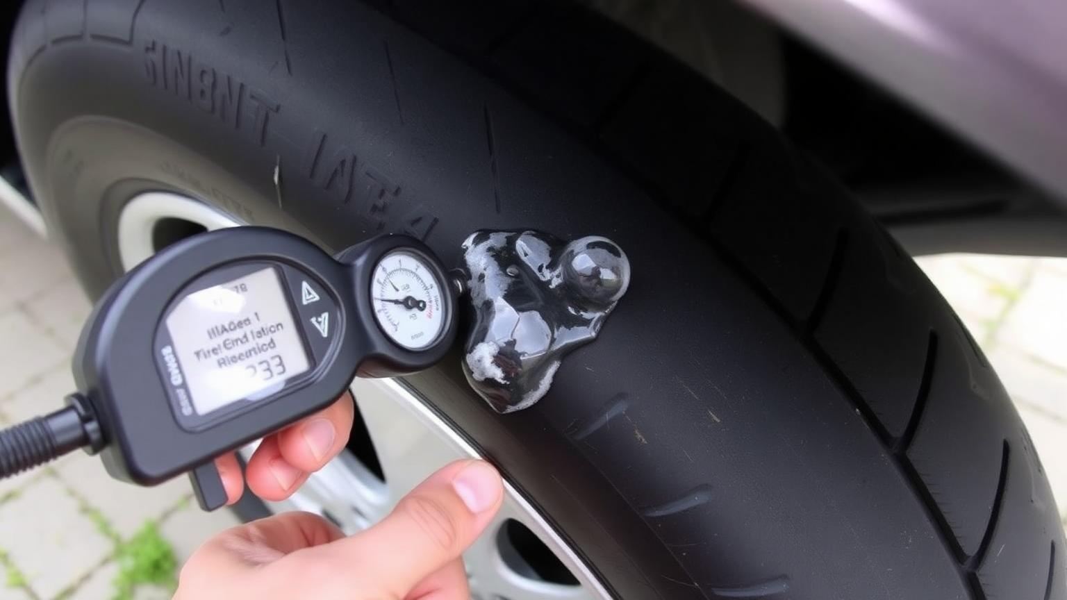 A pressure gauge held against a car tyre with soapy bubbles forming over a small puncture