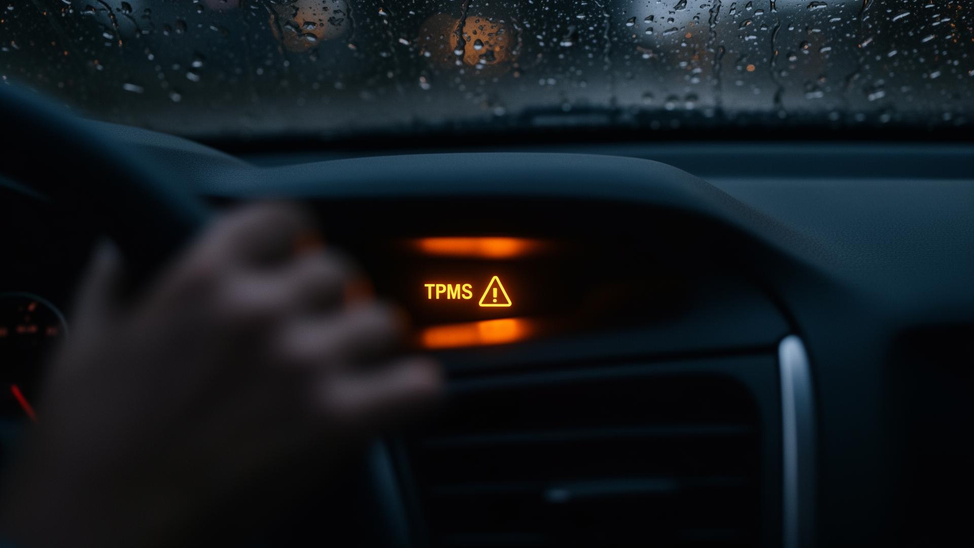TPMS warning light glowing amber on a car dashboard at night in the rain