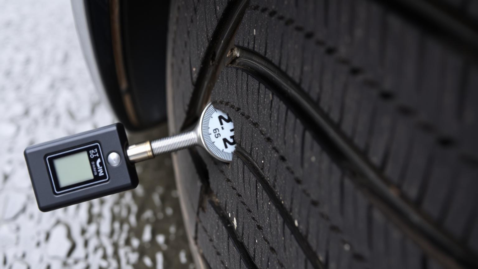 A tread depth gauge measuring the shallow remaining tread in a worn tyre groove