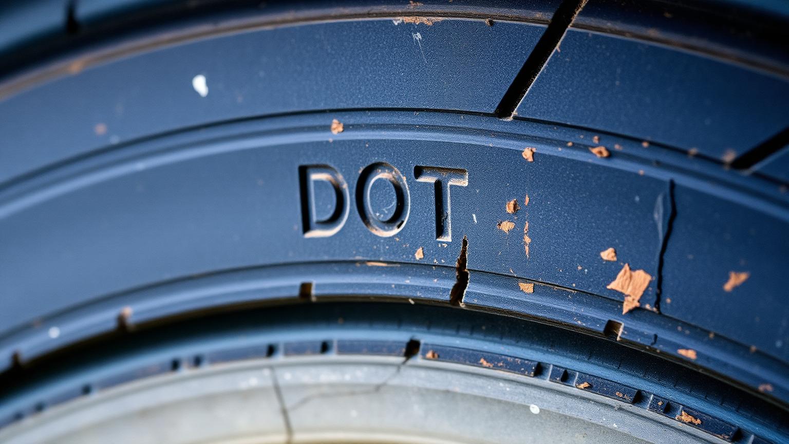 The DOT date code stamped on an ageing tyre sidewall showing fine perished cracks in the rubber