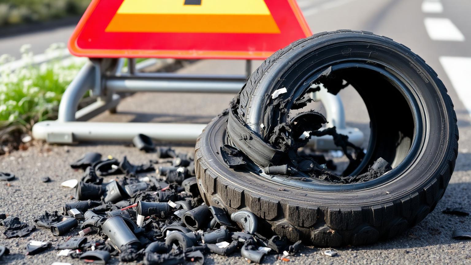 A shredded blown-out tyre and scattered rubber debris on a motorway hard shoulder behind a warning triangle