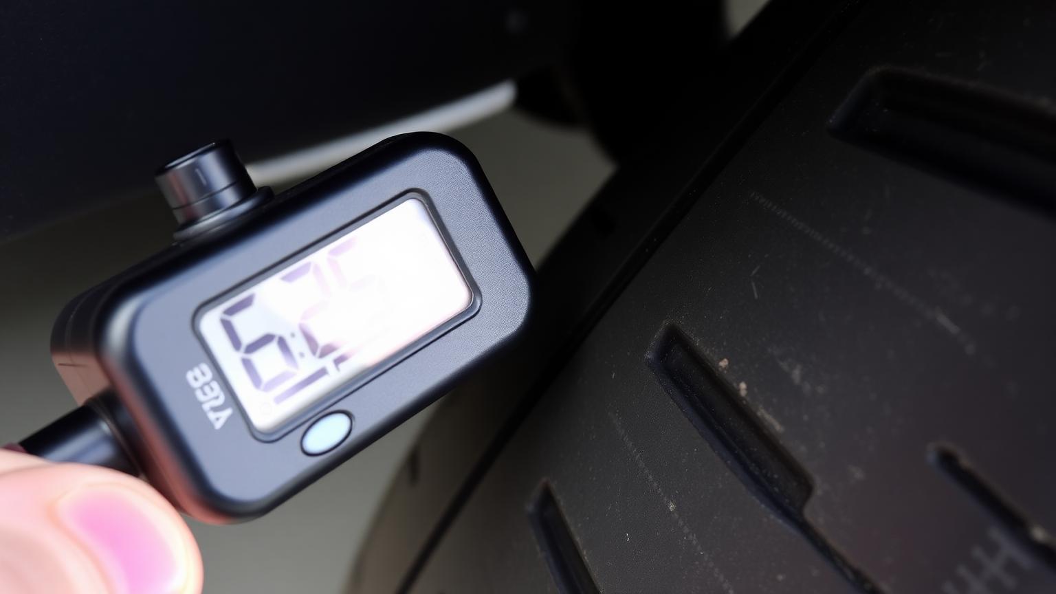 A digital tyre pressure gauge reading the pressure at a car tyre valve