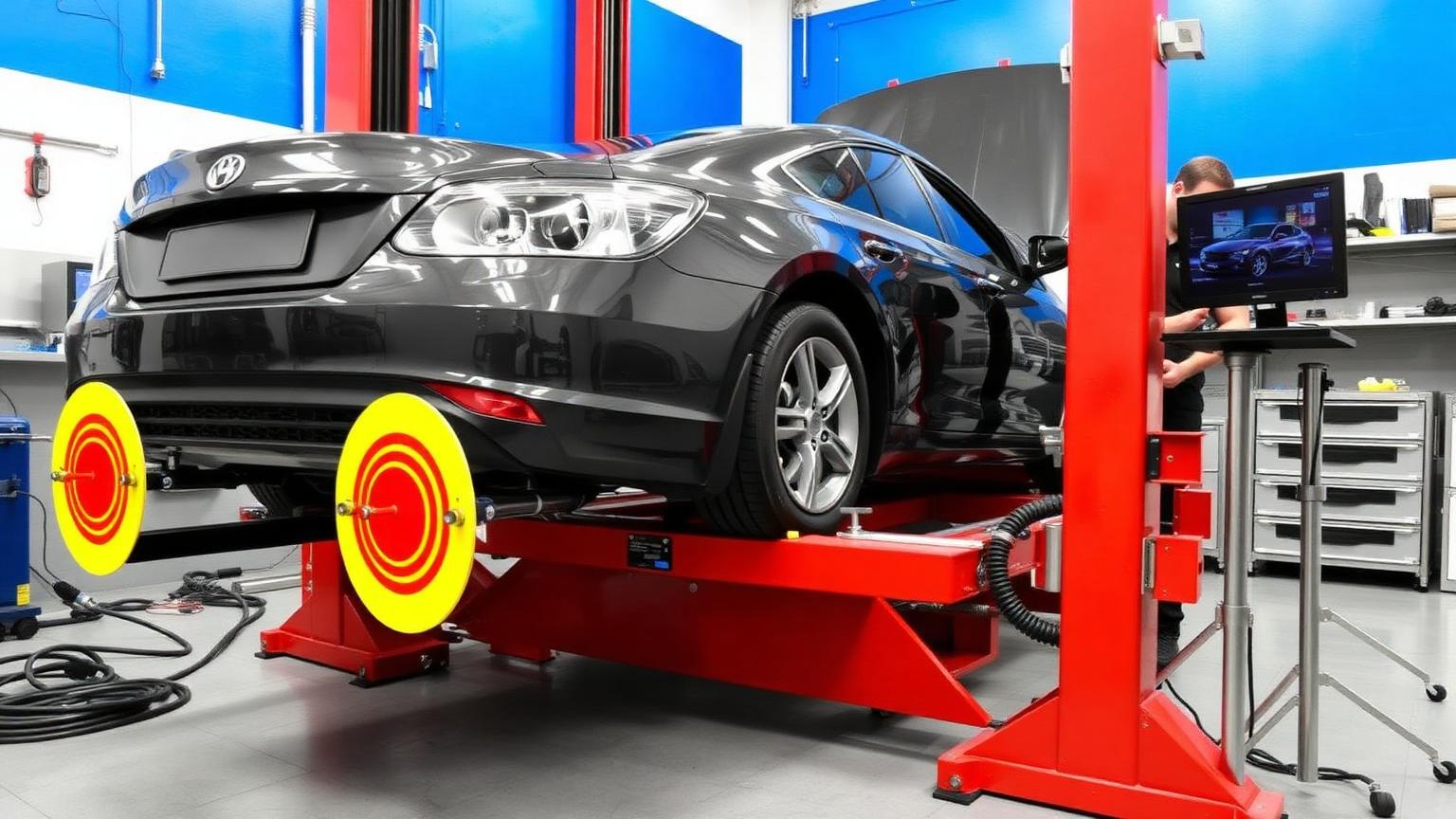 A car on a wheel alignment rig in a workshop with laser targets clamped to the wheels